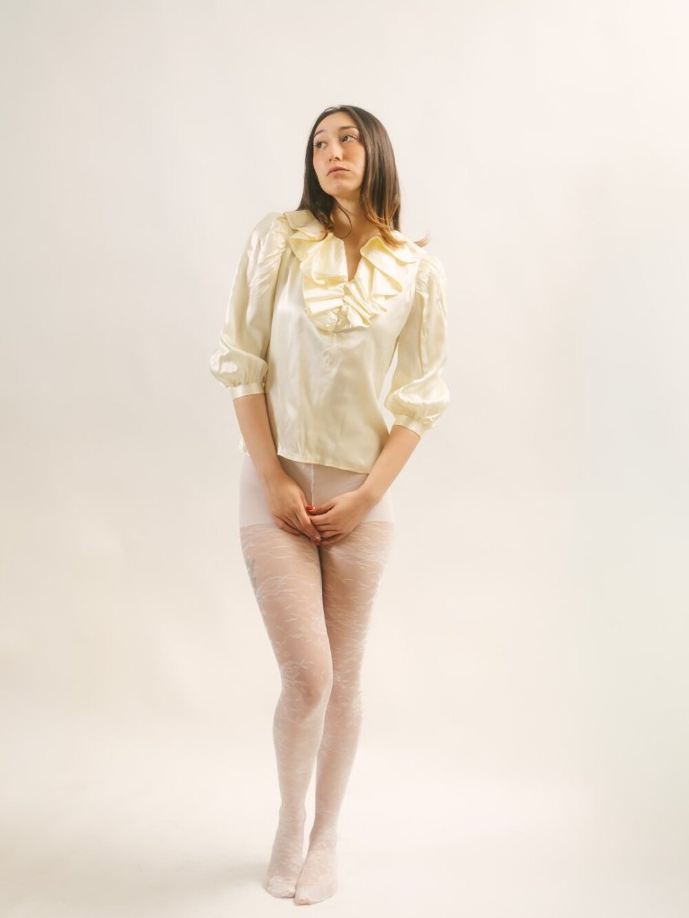 50s Large Collar Blouse (M) medium cream vintage womens top ruffle clowncore